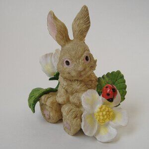 Bunny Rabbit White Flower Statue Figurine Easter Painted Lady Bug Yellow Green